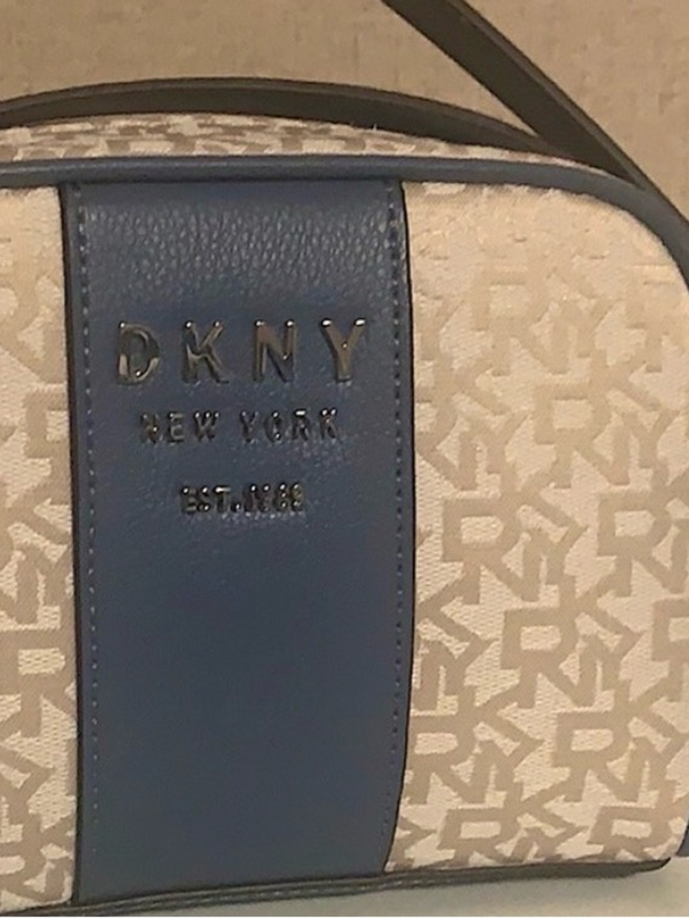 DKNY Beige Canvas Logo Crossbody with Navy Leather Trim